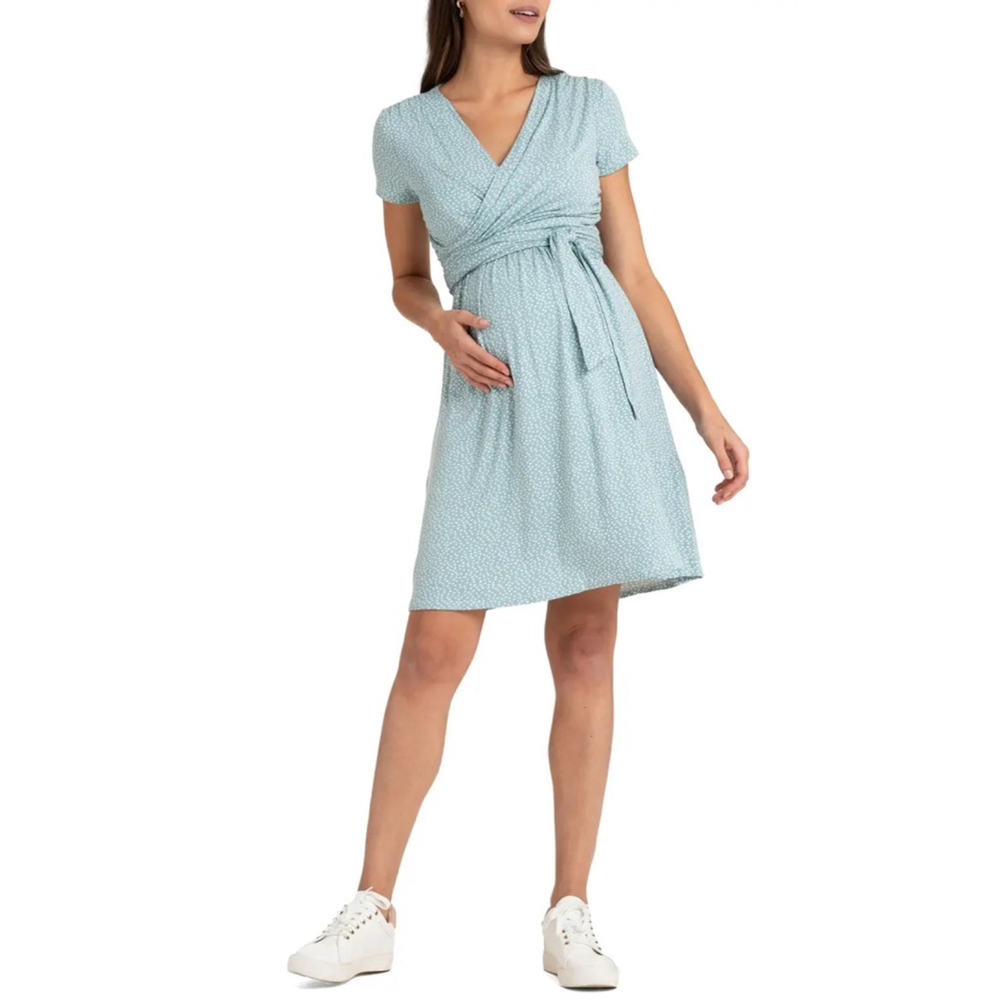 SERAPHINE Maternity Wrap Nursing Dress Sage Polka Dot Stretch